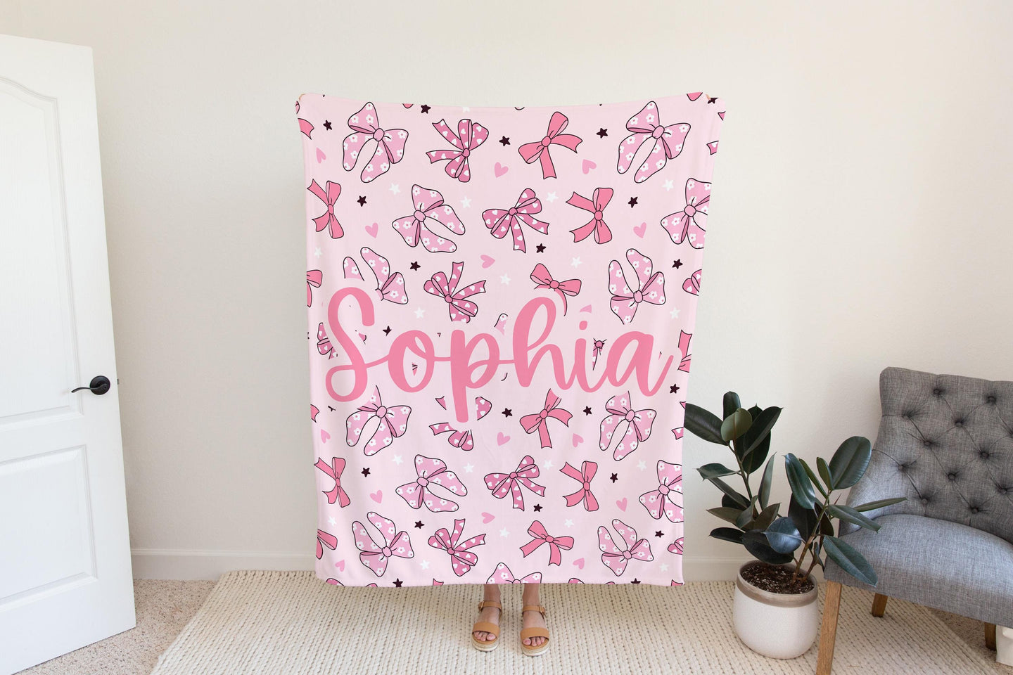 Personalized coquette pink bow Blanket, coquette room decor, preppy stuff room decor, pink bow baby blanket, bow decor